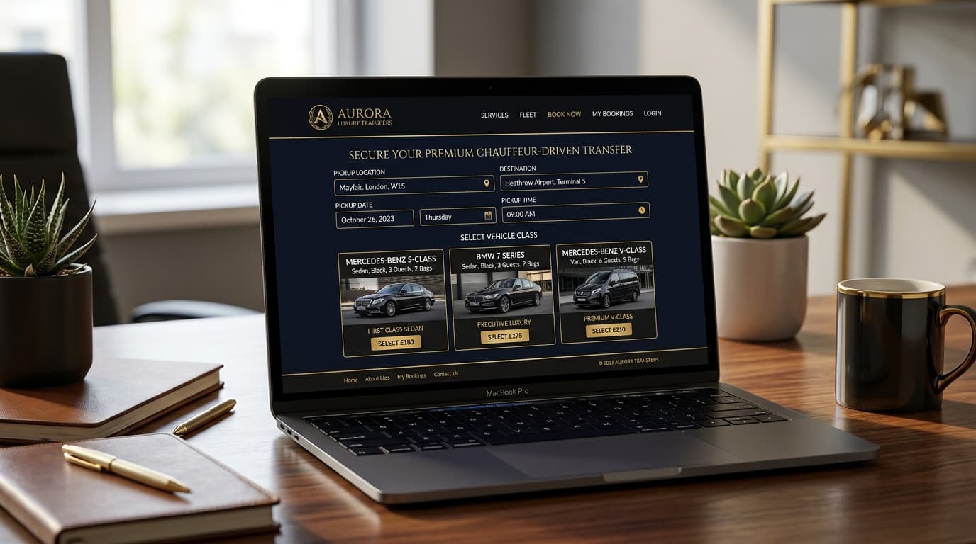 Premium booking interface with vehicle class selection and real-time pricing