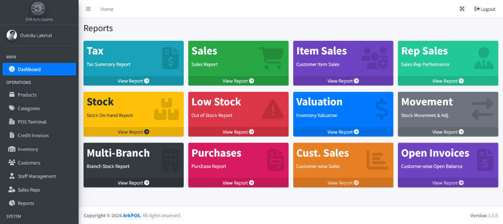 Ark POS Real Business Dashboard